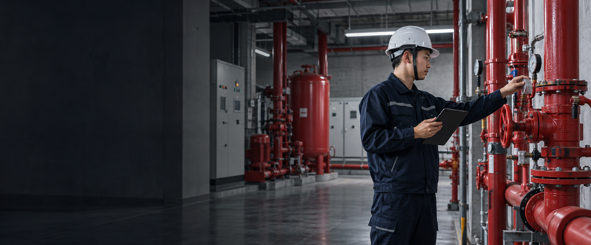 消防工程师正在检查建筑消防设施